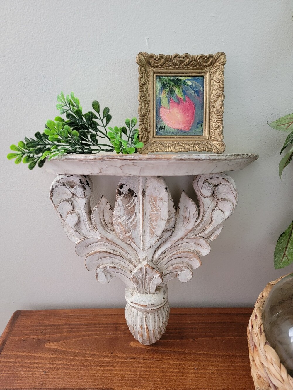 Vintage Carved Wood Distressed Chippy White Bracket Shelf Corbel Scrolling Leaf